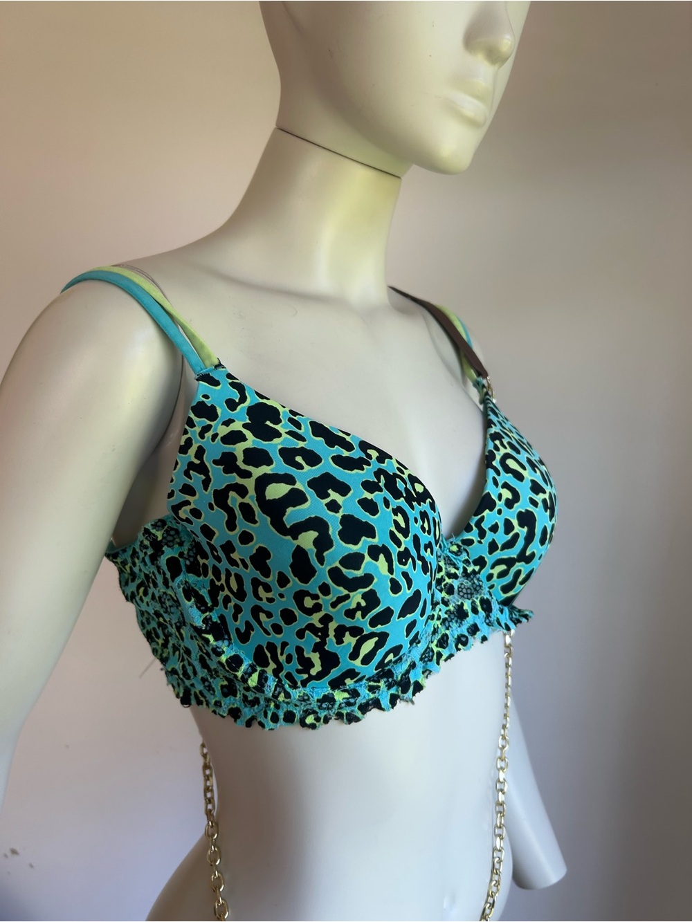 No boundaries 40D Leopard Print Push-Up Bra in Aqua and Black